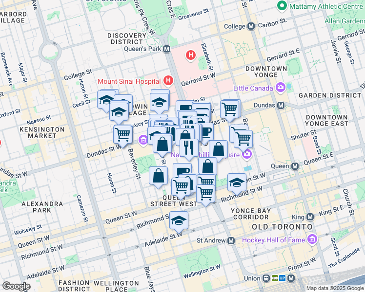 map of restaurants, bars, coffee shops, grocery stores, and more near in Toronto
