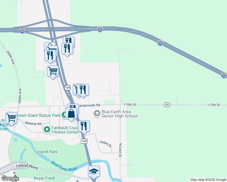 map of restaurants, bars, coffee shops, grocery stores, and more near 39061 115th Street in Blue Earth
