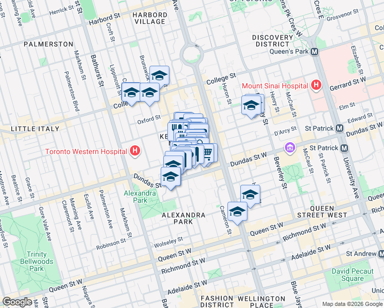 map of restaurants, bars, coffee shops, grocery stores, and more near 38 Kensington Avenue in Toronto