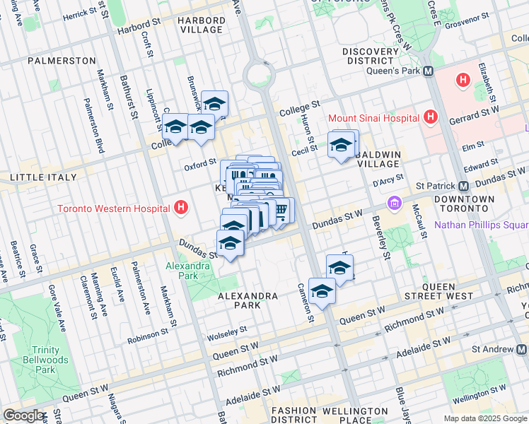map of restaurants, bars, coffee shops, grocery stores, and more near 38 Kensington Place in Toronto