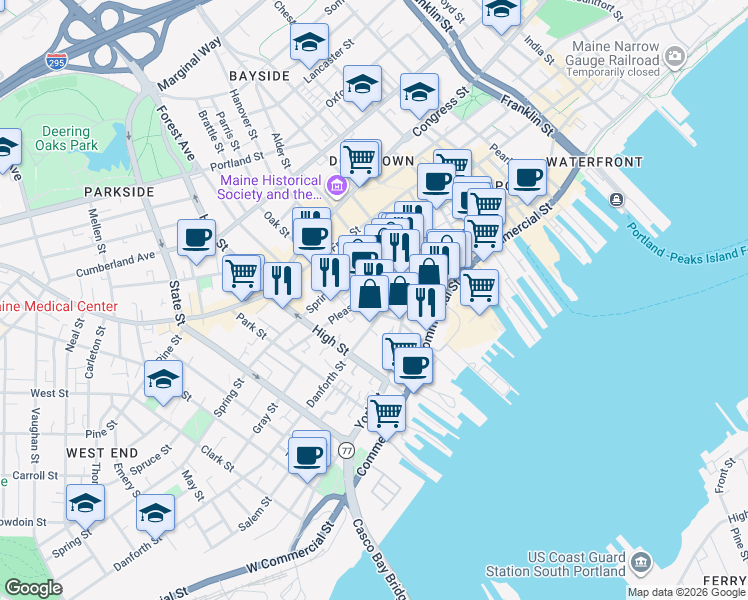 map of restaurants, bars, coffee shops, grocery stores, and more near 52 Danforth Street in Portland