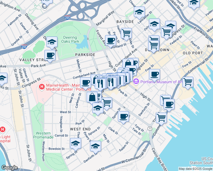 map of restaurants, bars, coffee shops, grocery stores, and more near 660 Congress Street in Portland