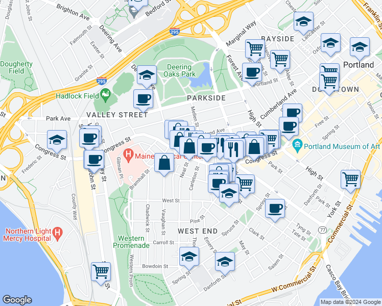map of restaurants, bars, coffee shops, grocery stores, and more near in Portland