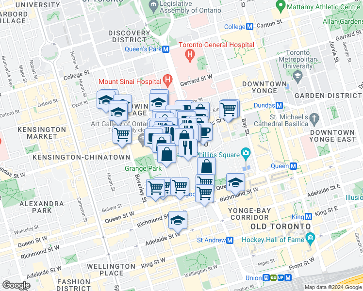 map of restaurants, bars, coffee shops, grocery stores, and more near in Toronto