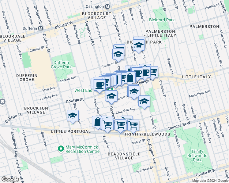 map of restaurants, bars, coffee shops, grocery stores, and more near in Toronto