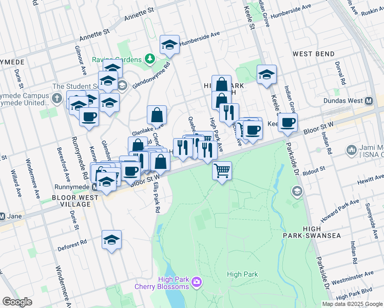 map of restaurants, bars, coffee shops, grocery stores, and more near in Toronto