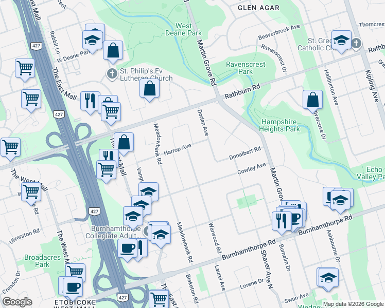 map of restaurants, bars, coffee shops, grocery stores, and more near 111 Warwood Road in Toronto