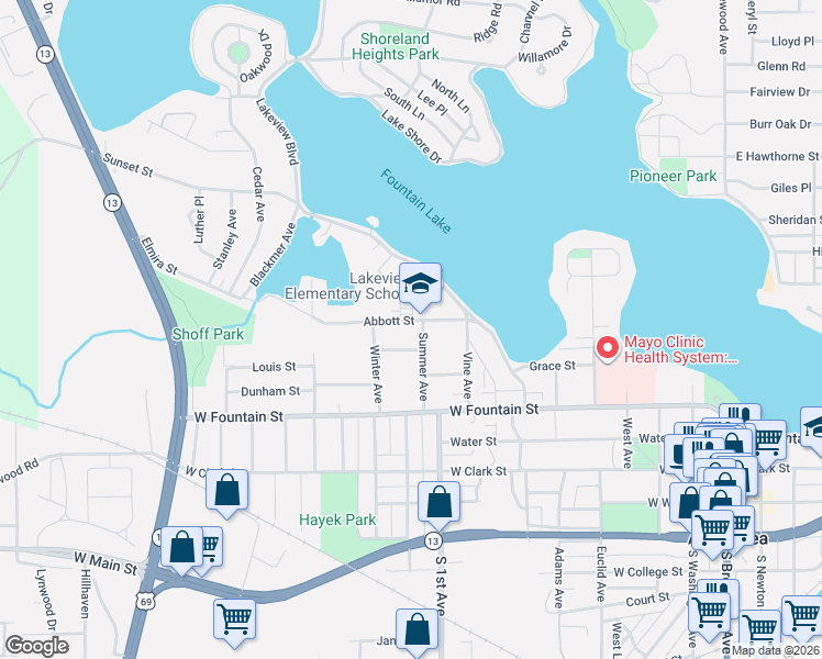 map of restaurants, bars, coffee shops, grocery stores, and more near 325 Summer Avenue in Albert Lea