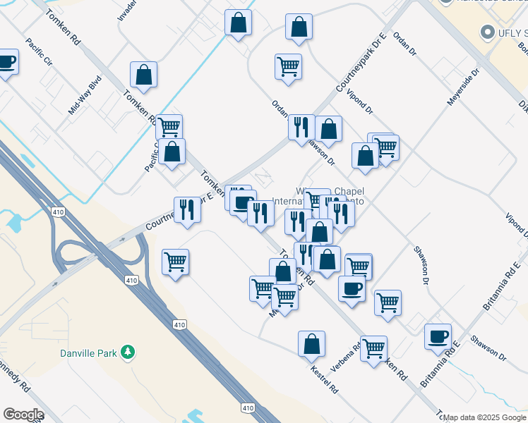 map of restaurants, bars, coffee shops, grocery stores, and more near 1025 Tristar Drive in Mississauga