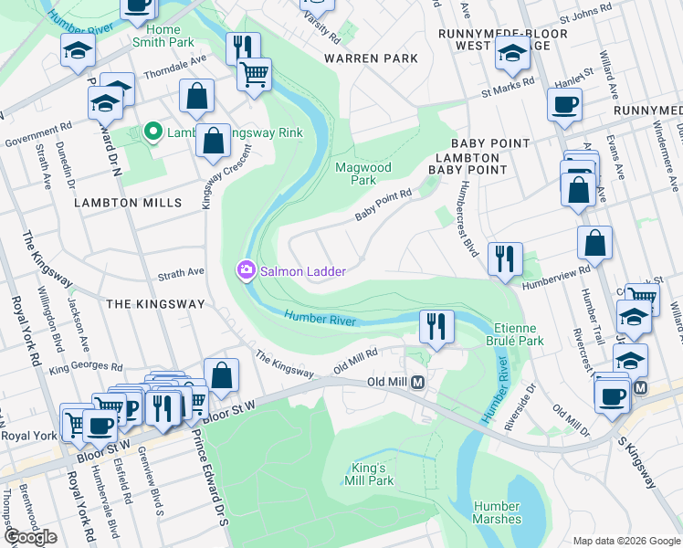 map of restaurants, bars, coffee shops, grocery stores, and more near 55 Baby Point Crescent in Toronto