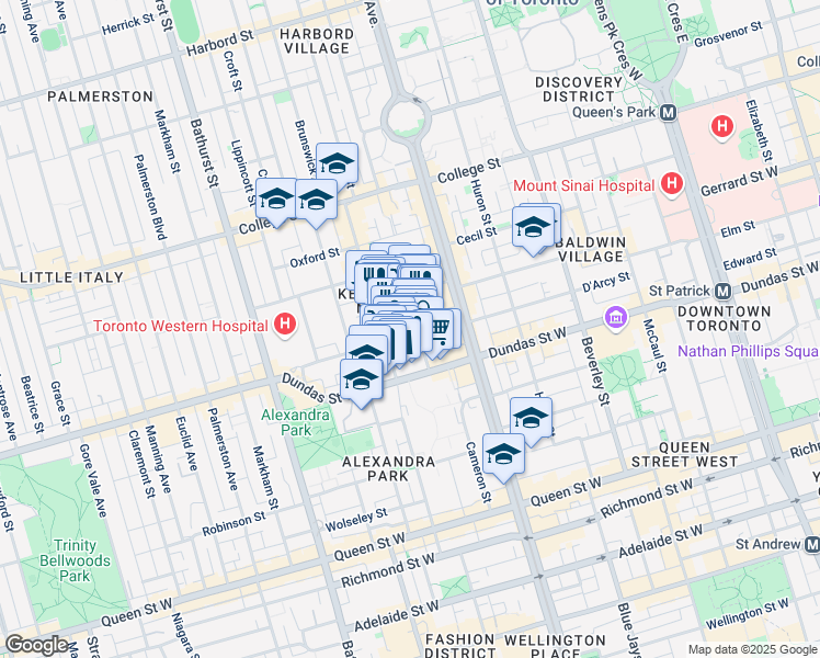 map of restaurants, bars, coffee shops, grocery stores, and more near 38 Kensington Avenue in Toronto