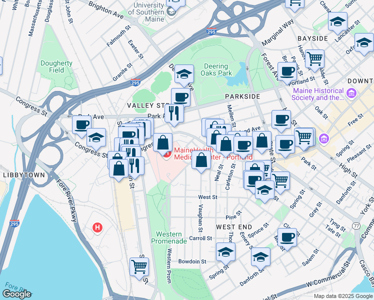 map of restaurants, bars, coffee shops, grocery stores, and more near 18 Hill Street in Portland