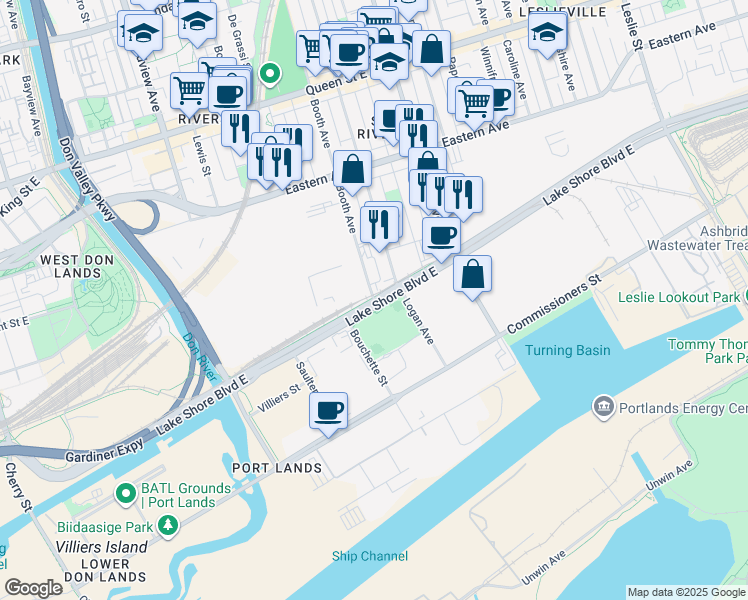 map of restaurants, bars, coffee shops, grocery stores, and more near 25 Booth Avenue in Toronto