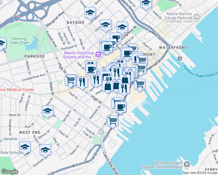 map of restaurants, bars, coffee shops, grocery stores, and more near 52 Danforth Street in Portland