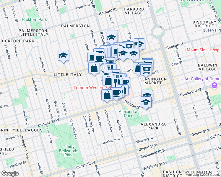 map of restaurants, bars, coffee shops, grocery stores, and more near 217 Markham Street in Toronto