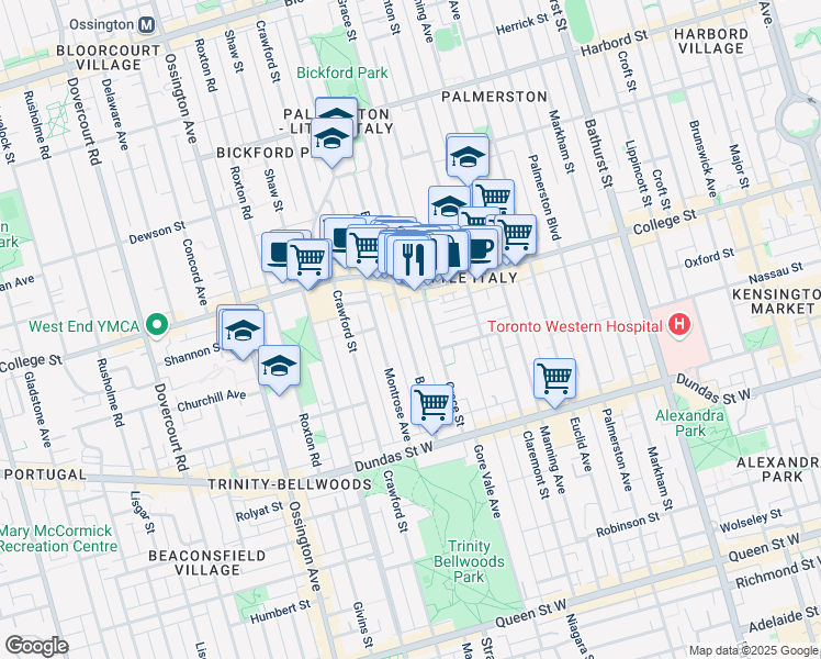 map of restaurants, bars, coffee shops, grocery stores, and more near 127 Beatrice Street in Toronto