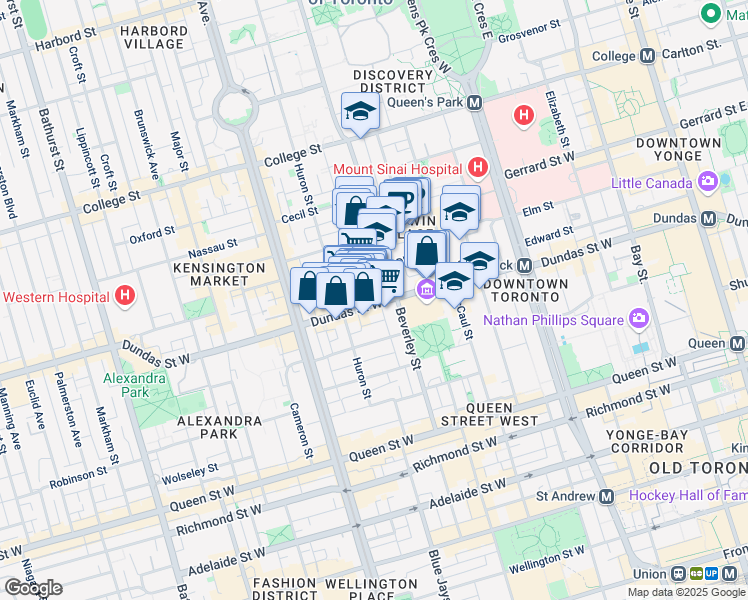 map of restaurants, bars, coffee shops, grocery stores, and more near 396 Dundas Street West in Toronto