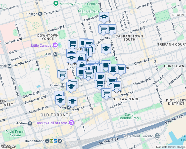 map of restaurants, bars, coffee shops, grocery stores, and more near 100 Queen Street East in Toronto