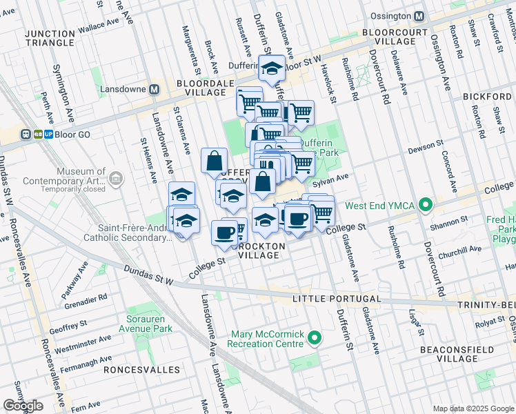 map of restaurants, bars, coffee shops, grocery stores, and more near 90 Muir Avenue in Toronto