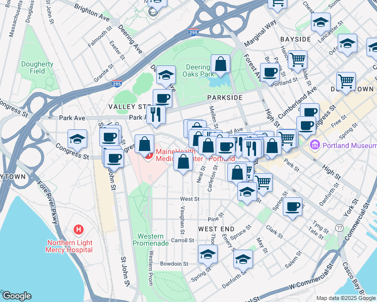map of restaurants, bars, coffee shops, grocery stores, and more near 563 Cumberland Avenue in Portland