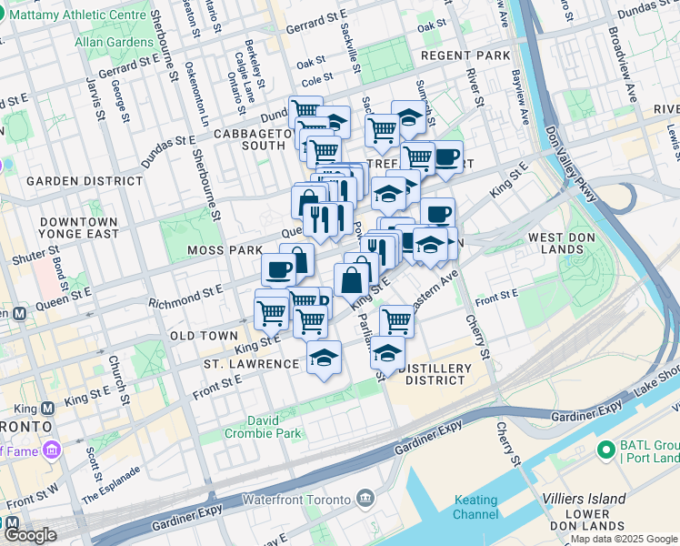 map of restaurants, bars, coffee shops, grocery stores, and more near 120 Parliament Street in Toronto