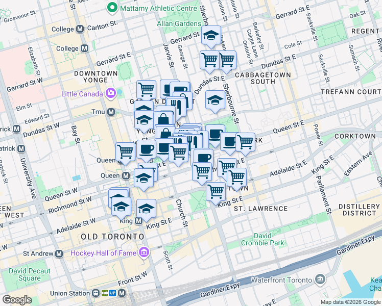 map of restaurants, bars, coffee shops, grocery stores, and more near in Toronto