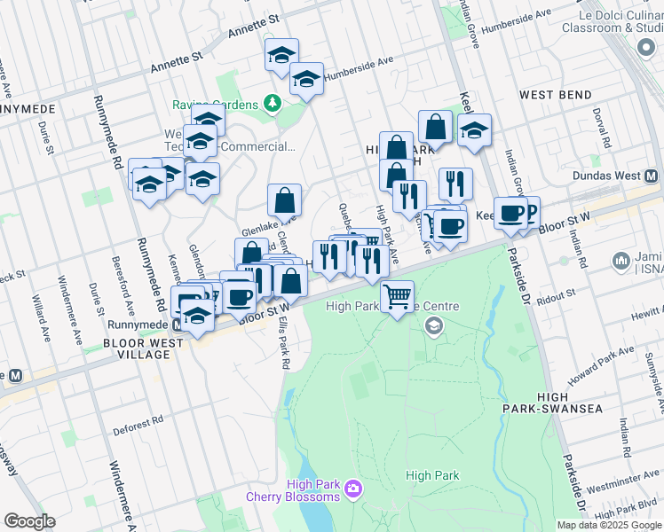 map of restaurants, bars, coffee shops, grocery stores, and more near 32 Gothic Avenue in Toronto