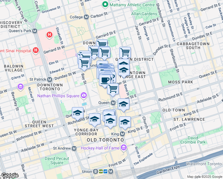 map of restaurants, bars, coffee shops, grocery stores, and more near 220 Yonge Street in Toronto