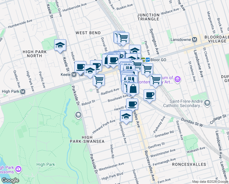 map of restaurants, bars, coffee shops, grocery stores, and more near 21 Radford Avenue in Toronto