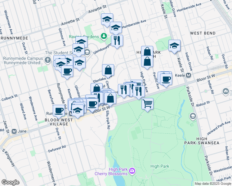 map of restaurants, bars, coffee shops, grocery stores, and more near 35 Parkview Gardens in Toronto