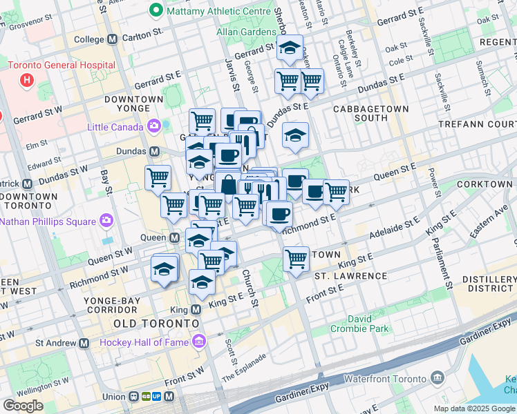 map of restaurants, bars, coffee shops, grocery stores, and more near 98 Queen Street East in Toronto