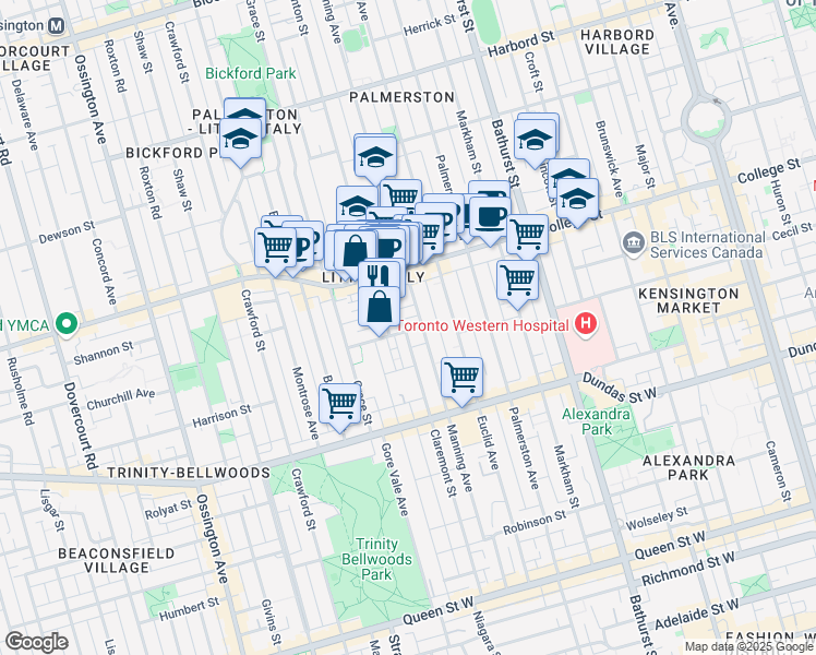 map of restaurants, bars, coffee shops, grocery stores, and more near 16 Mansfield Avenue in Toronto