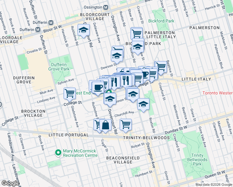 map of restaurants, bars, coffee shops, grocery stores, and more near 899 College Street in Toronto