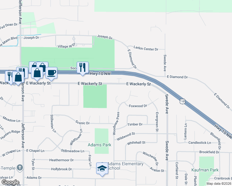map of restaurants, bars, coffee shops, grocery stores, and more near 982-1018 East Wackerly Street in Midland