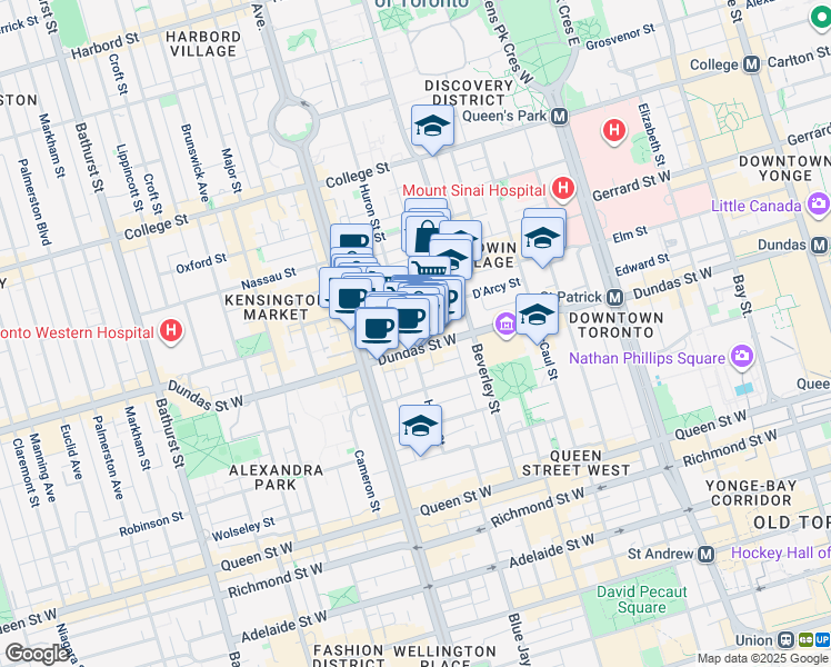 map of restaurants, bars, coffee shops, grocery stores, and more near in Toronto