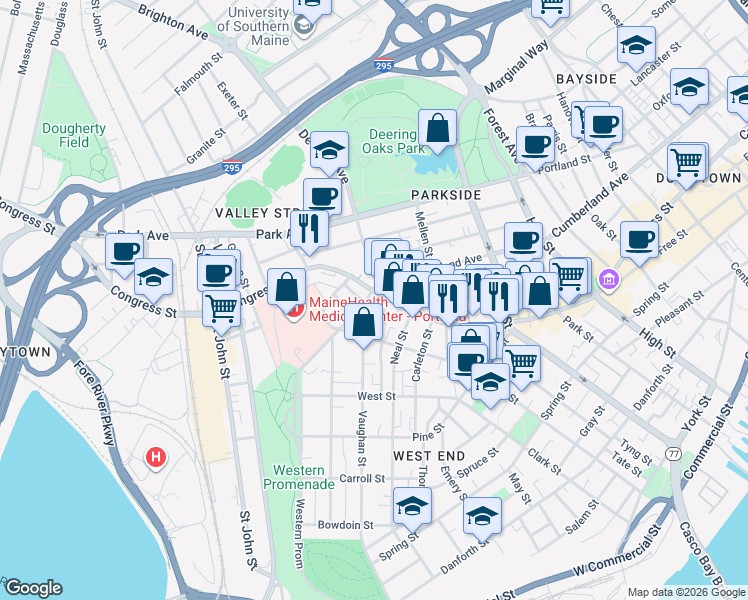 map of restaurants, bars, coffee shops, grocery stores, and more near 79 Bramhall Street in Portland