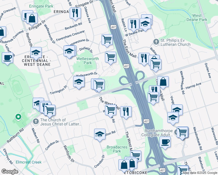 map of restaurants, bars, coffee shops, grocery stores, and more near 440 Rathburn Road in Toronto