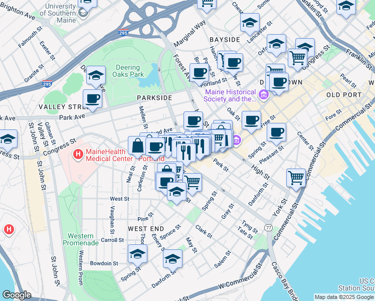 map of restaurants, bars, coffee shops, grocery stores, and more near in Portland
