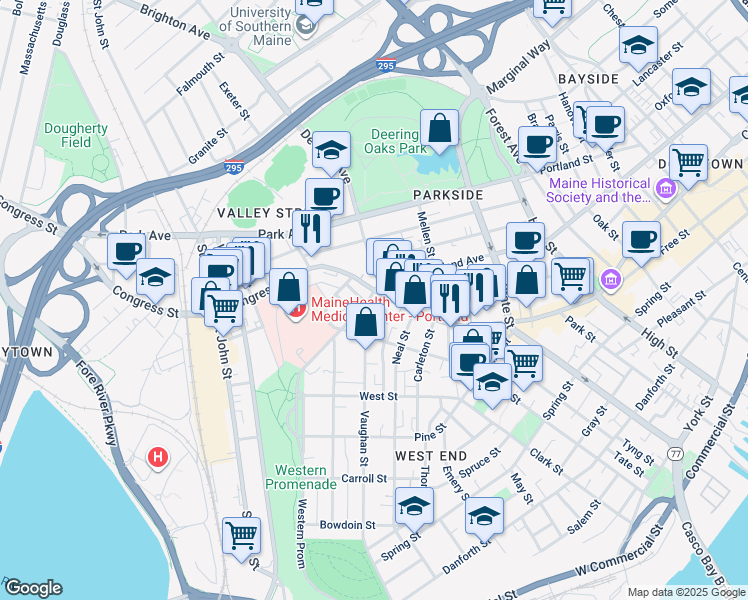 map of restaurants, bars, coffee shops, grocery stores, and more near 819 Congress Street in Portland