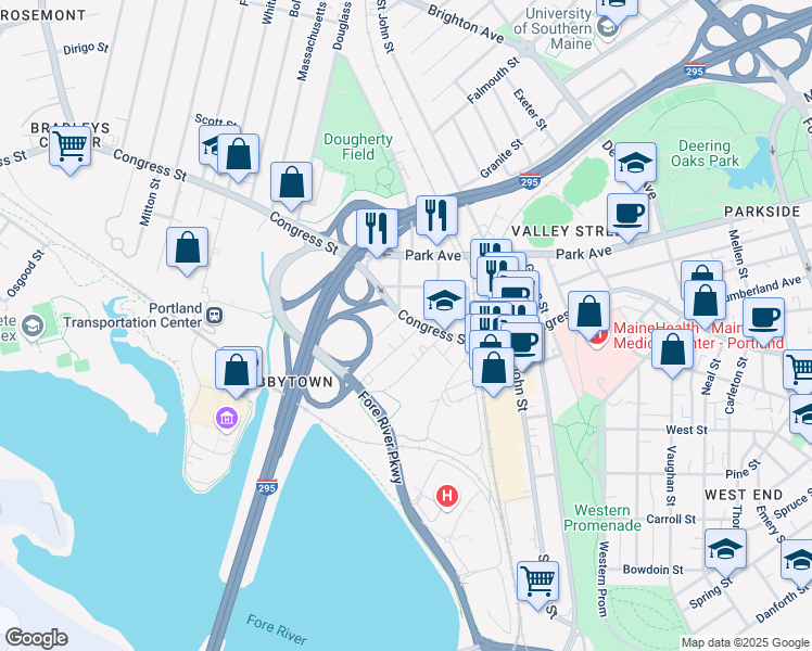map of restaurants, bars, coffee shops, grocery stores, and more near 15 Lowell Street in Portland