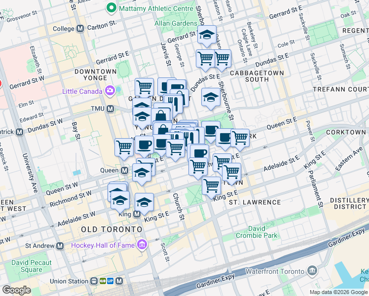 map of restaurants, bars, coffee shops, grocery stores, and more near in Toronto