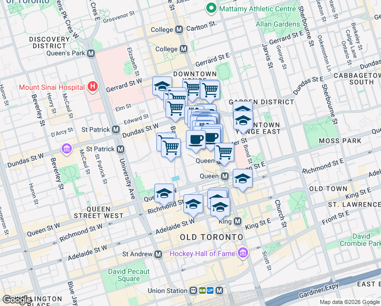 map of restaurants, bars, coffee shops, grocery stores, and more near 19 Trinity Square in Toronto