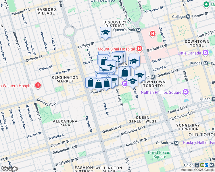 map of restaurants, bars, coffee shops, grocery stores, and more near 396 Dundas Street West in Toronto
