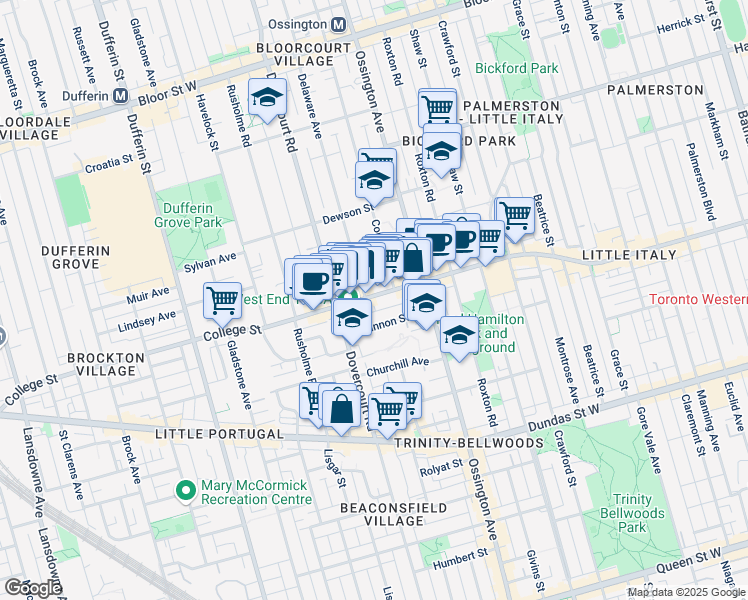 map of restaurants, bars, coffee shops, grocery stores, and more near 11 A Delaware Avenue in Toronto