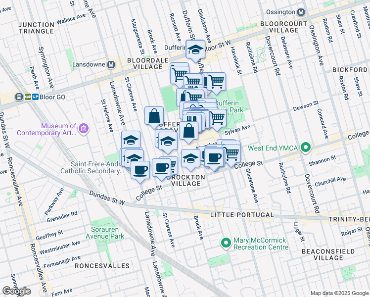 map of restaurants, bars, coffee shops, grocery stores, and more near in Toronto