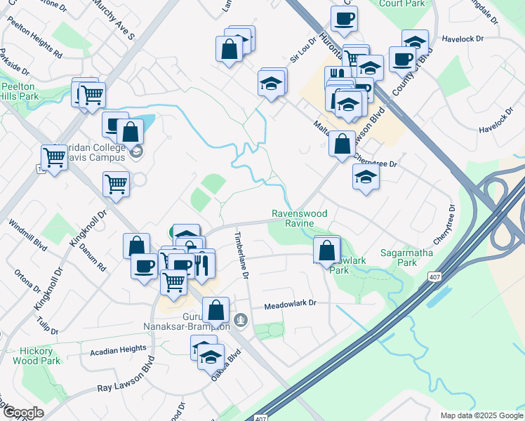 map of restaurants, bars, coffee shops, grocery stores, and more near in Brampton