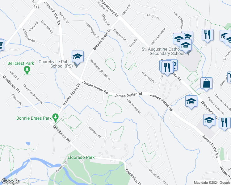 map of restaurants, bars, coffee shops, grocery stores, and more near 101 Kimborough Hollow in Brampton