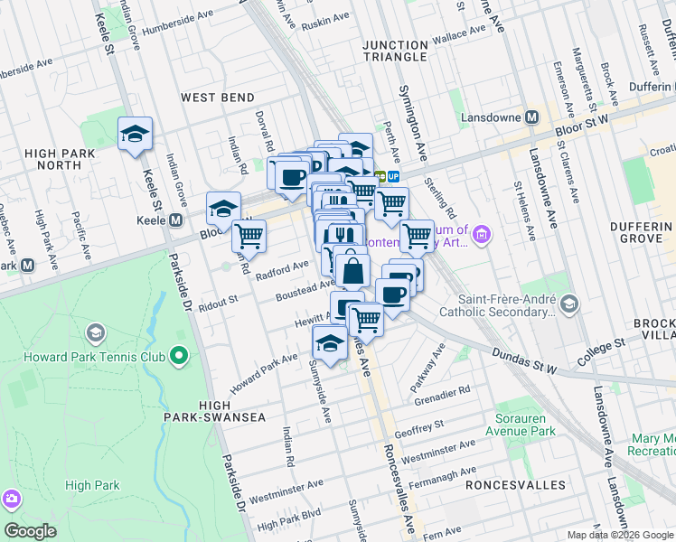 map of restaurants, bars, coffee shops, grocery stores, and more near 2219 Dundas Street West in Toronto