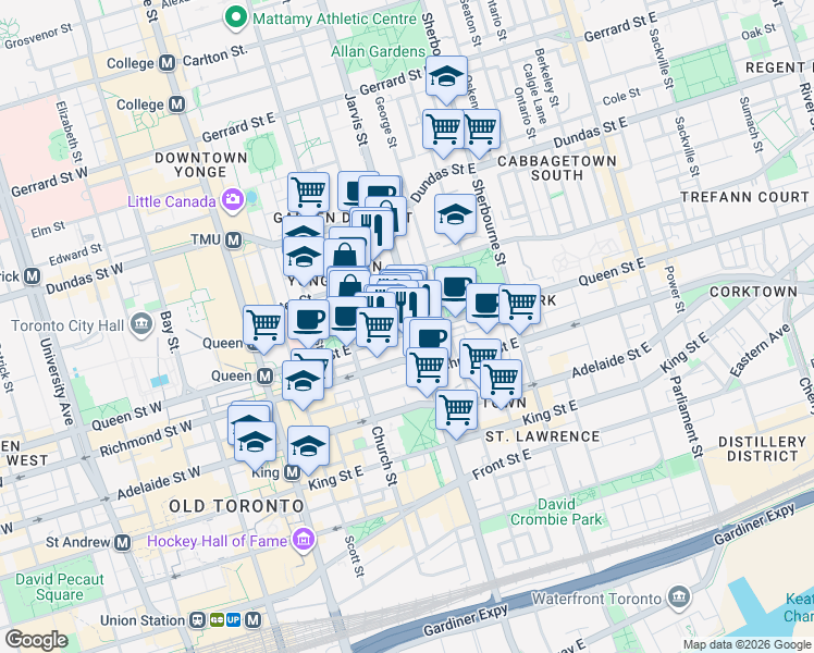 map of restaurants, bars, coffee shops, grocery stores, and more near 110 Queen Street East in Toronto