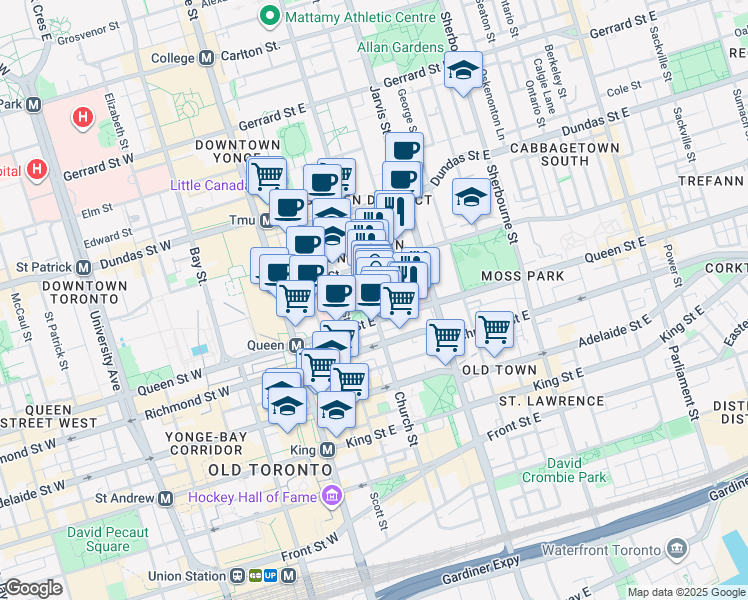 map of restaurants, bars, coffee shops, grocery stores, and more near 147 Church Street in Toronto